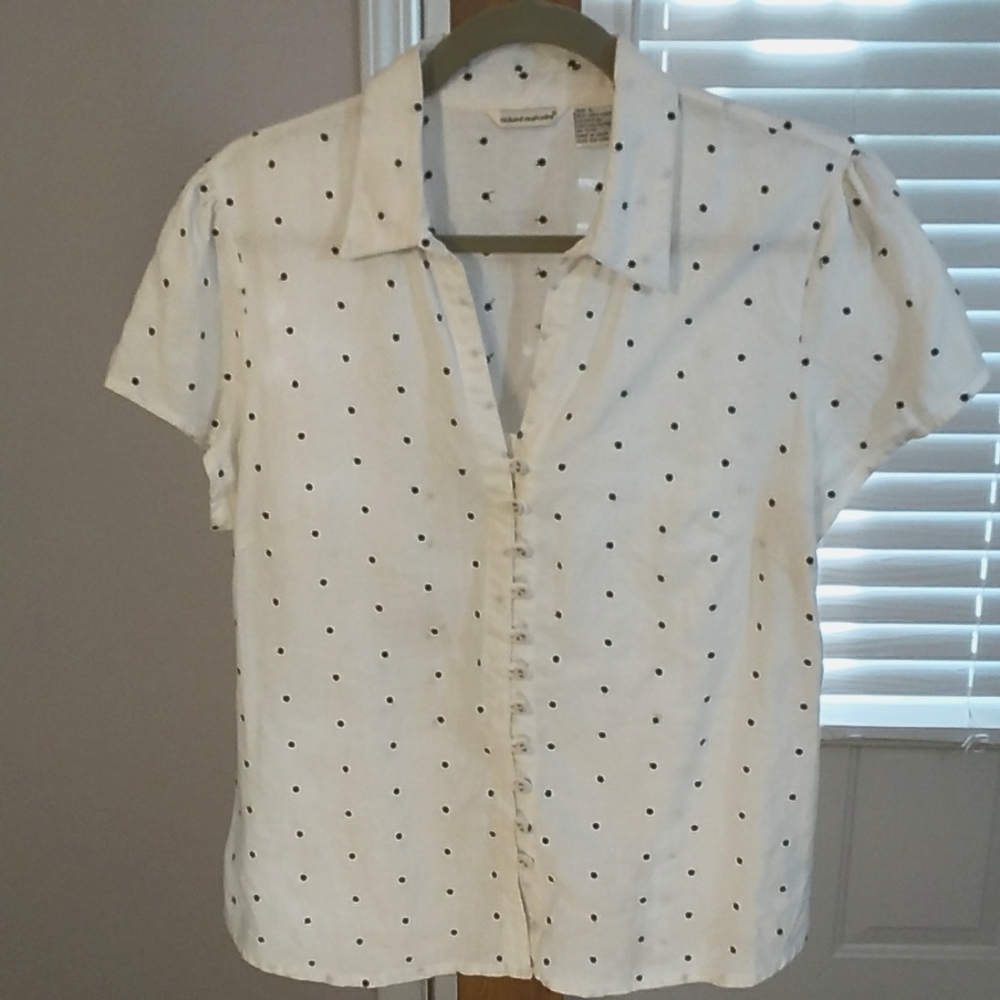 Richard Malcolm 100% Linen White Polka Dot Cap Sleeves Blouse Size L Essential